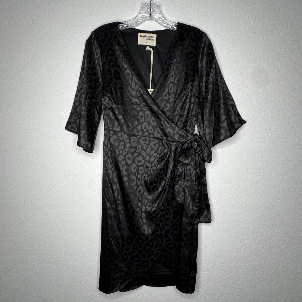 Savanna Jane Black Leopard Jacquard Wrap Mini Dress Bell Sleeve NWT Size S